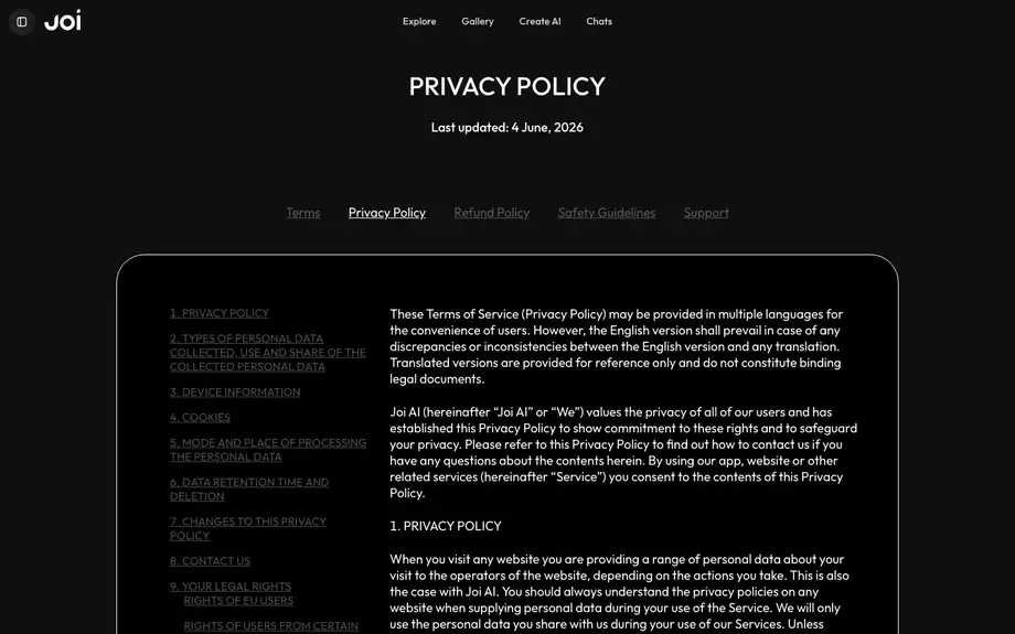 Oficjalna polityka prywatności Joi AI